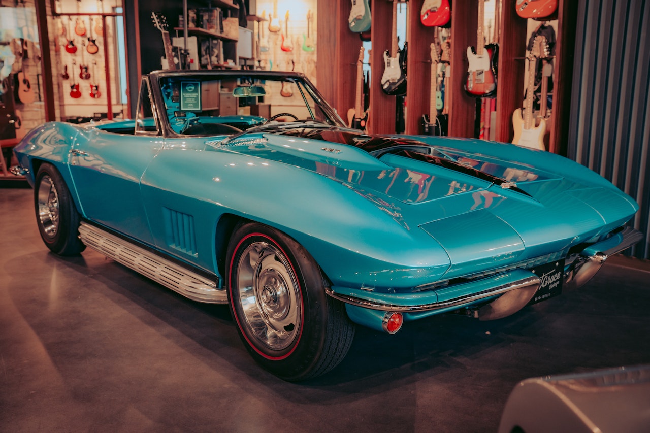 Blue Chevrolet Car Parked Inside the Guitar Store | Veteran Car Donations