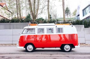 White and Red Hippie Van in Parking | Veteran Car Donations