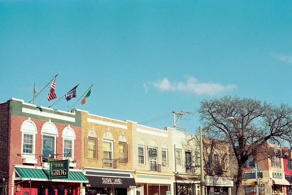 A Row of Buildings on a City Street in Bryn Mawr