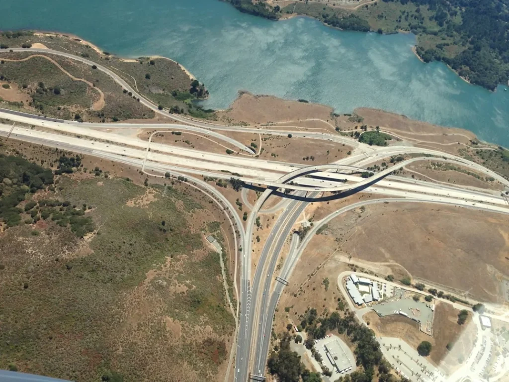Aerial photography of highway interchange in Belmont, California