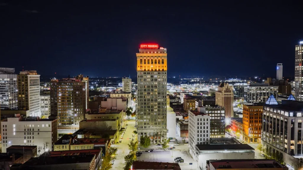 Birmingham skyline at night with City Federal Tower