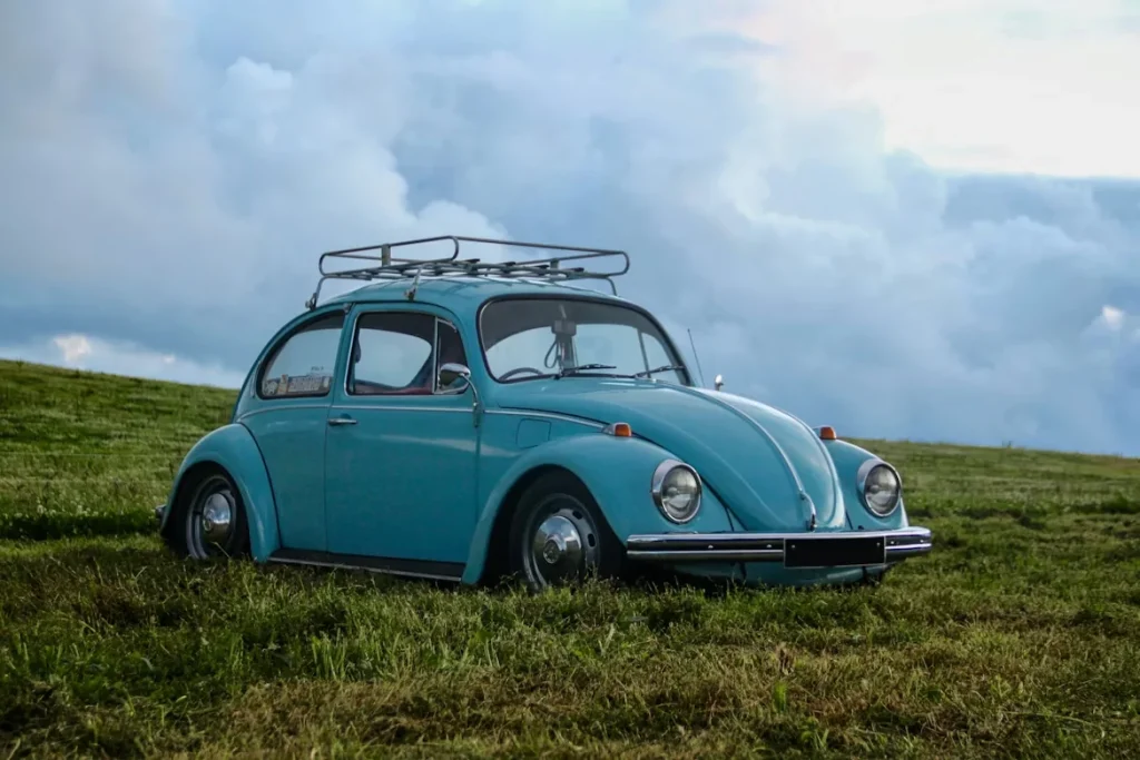 Blue Volkswagen Beetle on Grass Field