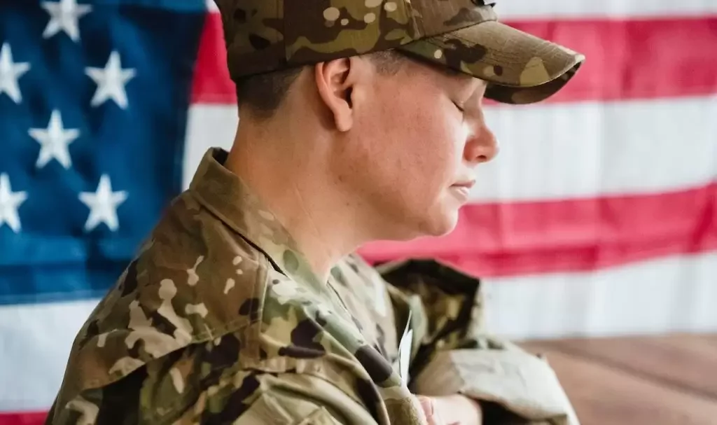 Unhappy veteran in military uniform