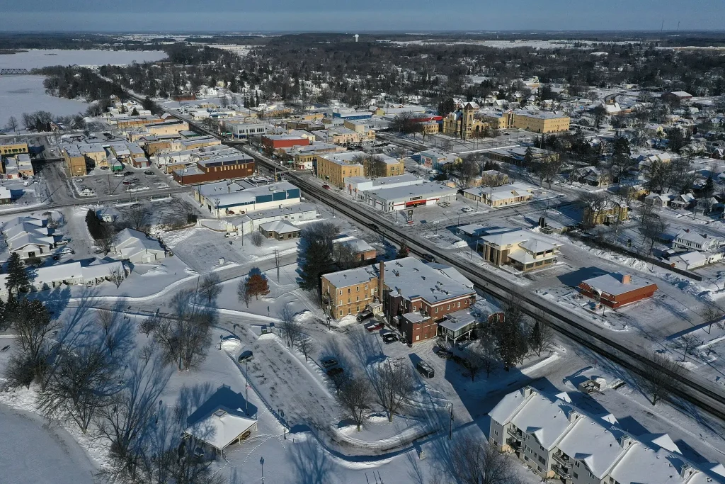 Aerial view of the historic downtown area around 1st and Broadway in Little Falls, Minnesota
