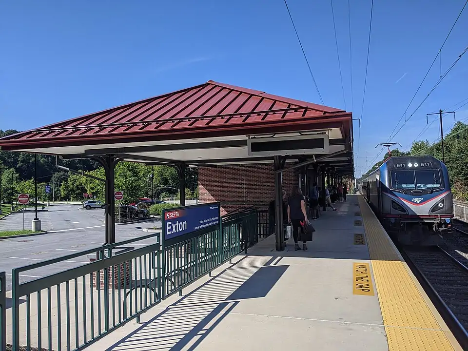 Exton station as Amtrak Keystone Service train 664 arriving in Exton, Pennsylvania