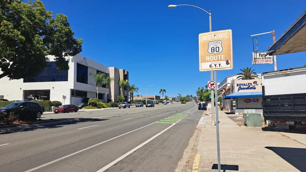 Historic US80 street sign on La Mesa Boulevard in La Mesa, California