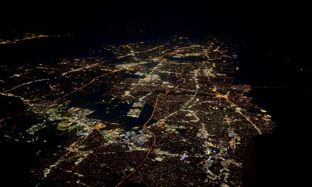 Night aerial view over Mill Pond in Hempstead, New York