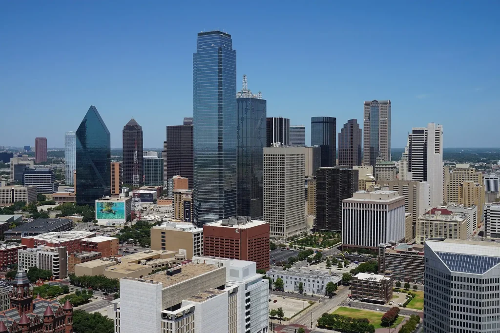 A view of the Dallas skyline from the GeO-Deck of Reunion Tower in Dallas, Texas (United States)