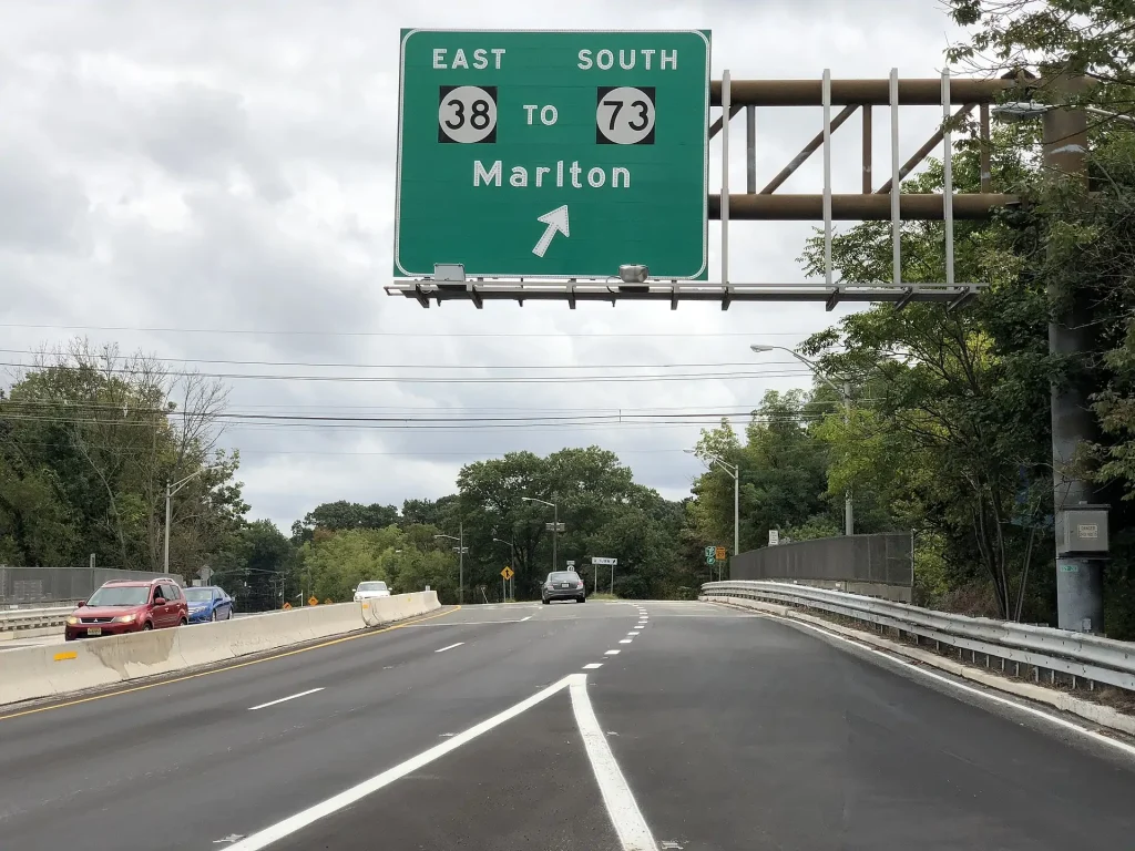 View south along New Jersey Route 41 at the exit for Route 38 East toward Marlton, Burlington County, NJ