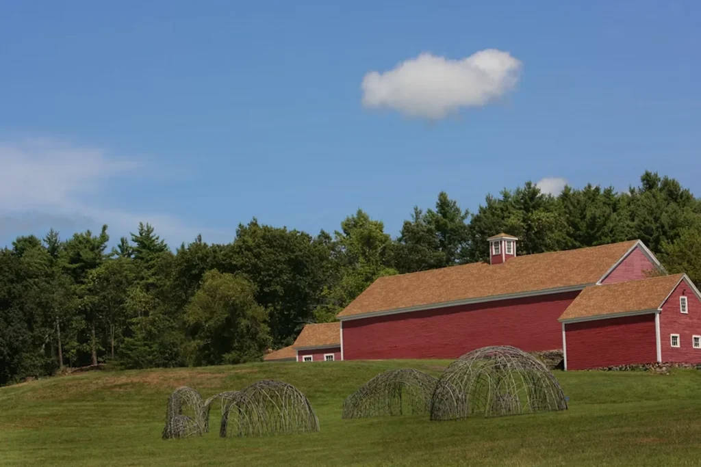 A red barn and trees in Harvard, Massachusetts