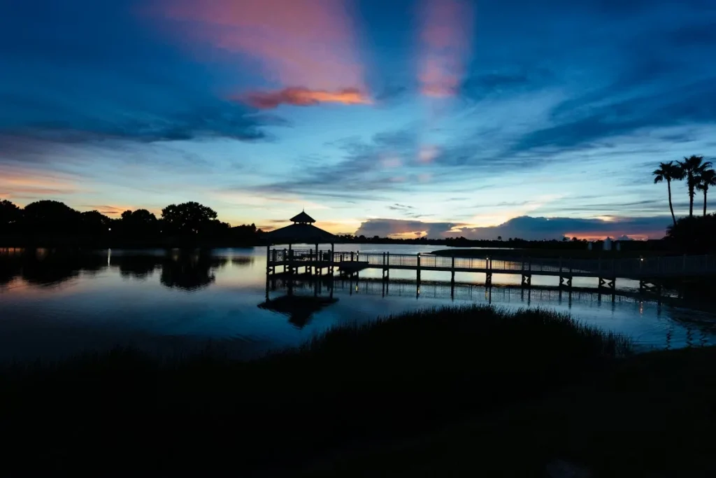 Dock on a lake at sunset in Tradition, Port St. Lucie, Florida