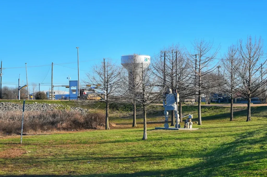 Grassy field and water tower at Pflugerville Lake Park in Pflugerville, Texas