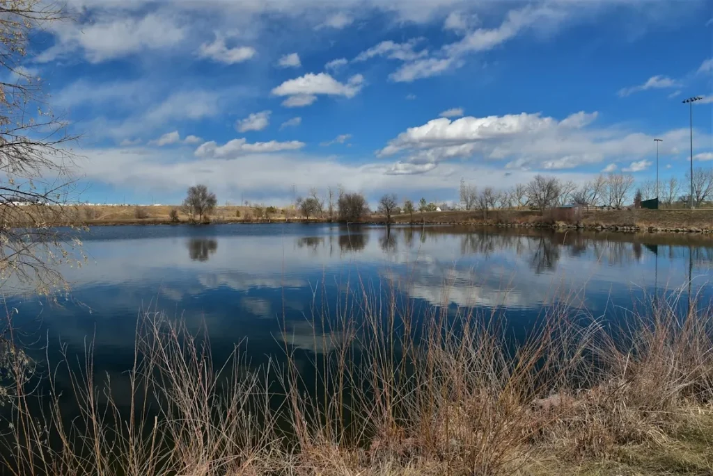 A large body of water surrounded by dry grass in Englewood, Colorado