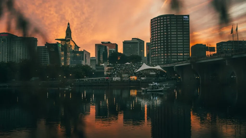 View of a city skyline with a bridge over the river in Hartford, Connecticut