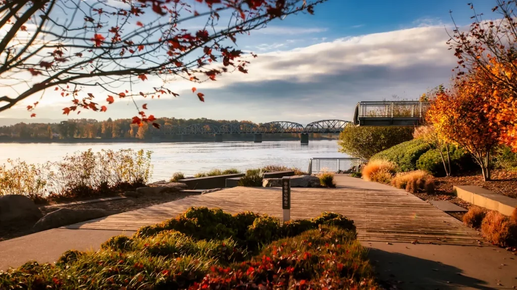 Wooden walkway by the water in Vancouver, Washington