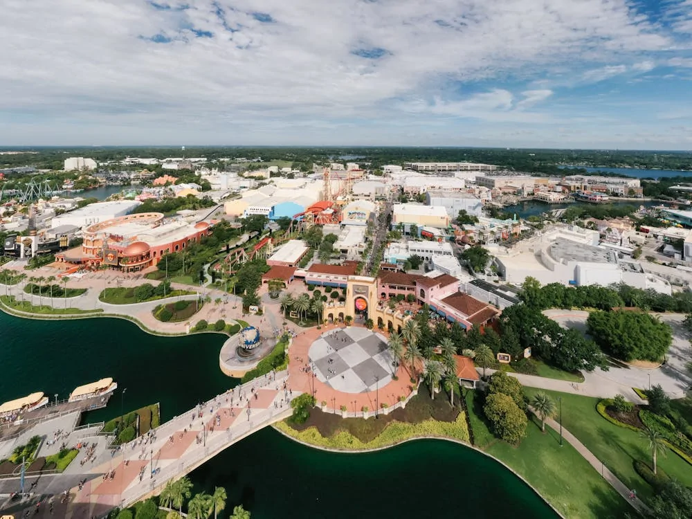 Aerial view of buildings at Universal Orlando Resort in Orlando, Florida