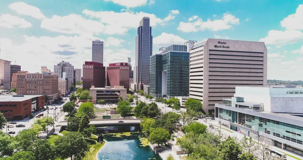 Architectural buildings near Gene Leahy Mall in Omaha, Nebraska