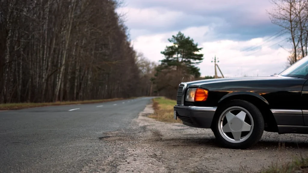 Black Mercedes parked near a road