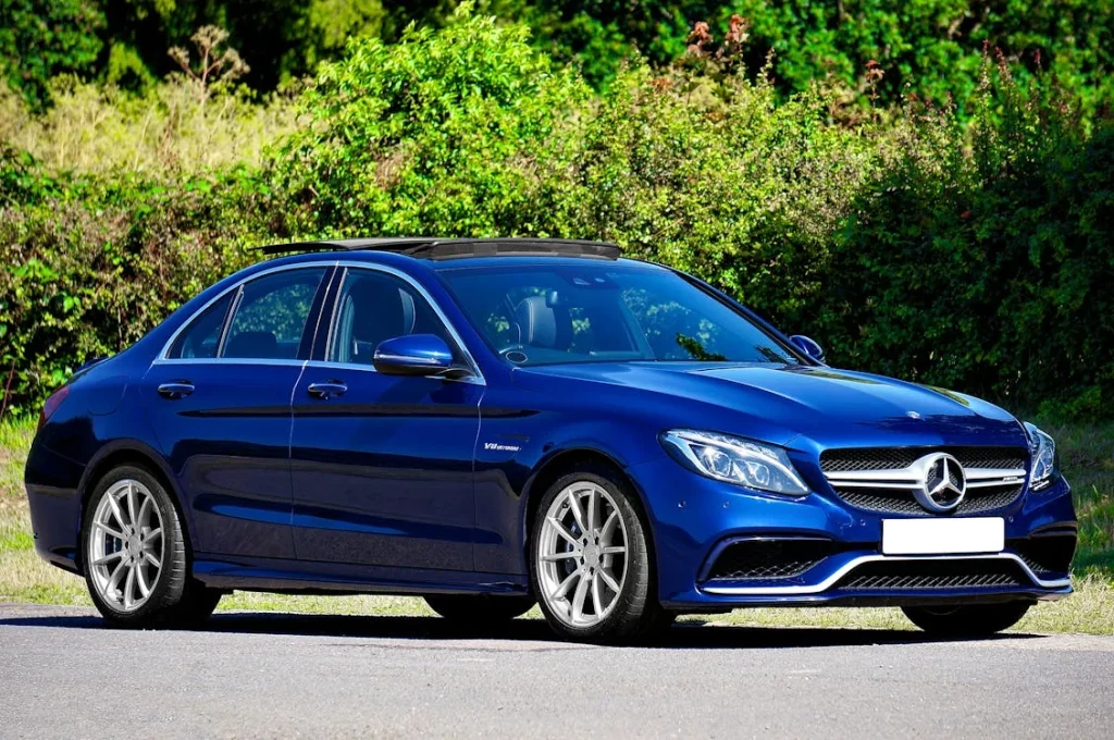Blue car parked near bushes in an outdoor setting