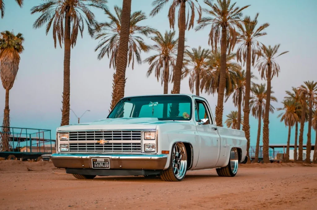 Classic pickup truck under palm trees at sunset