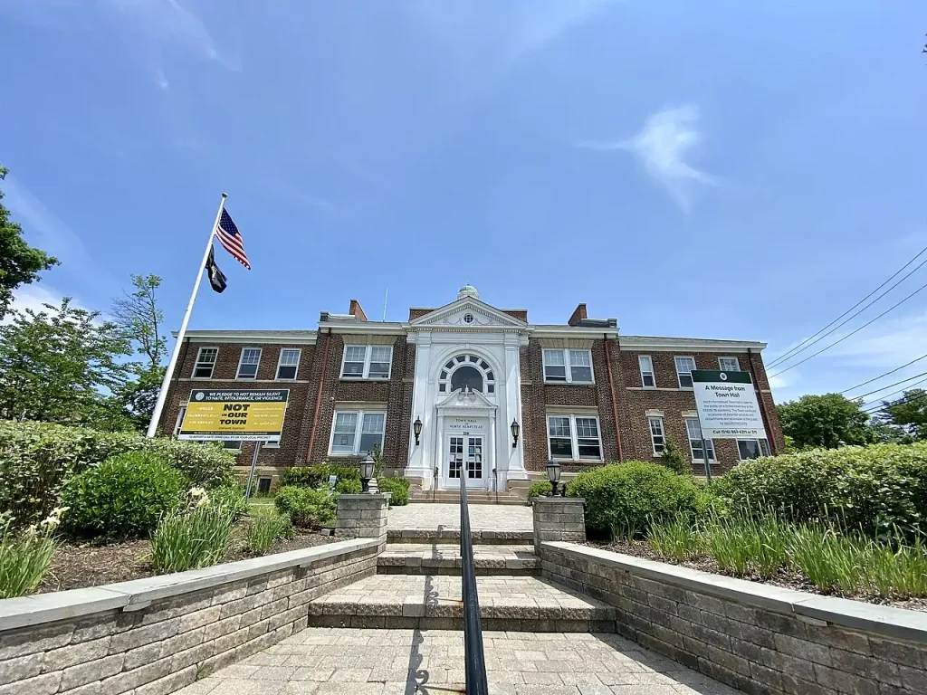 Main entrance to North Hempstead Town Hall in Manhasset, New York