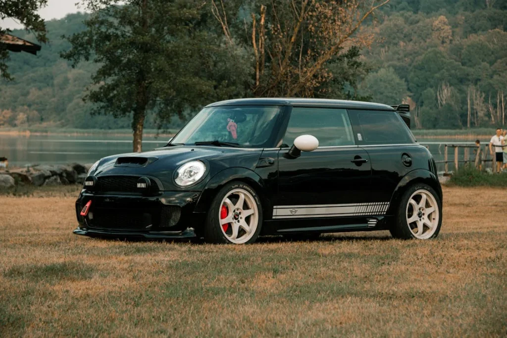 Mini Cooper parked by a lake