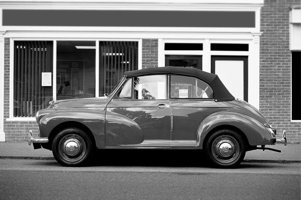 Monochrome photo of a vintage car in Potton, England
