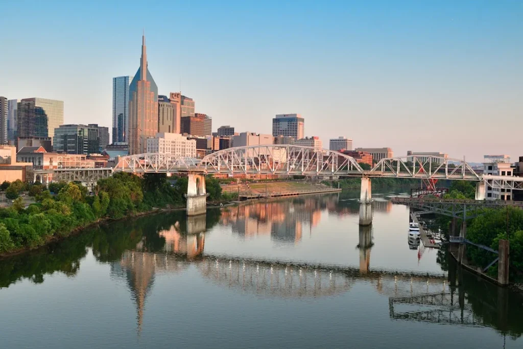 Nashville skyline with the pedestrian bridge at sunrise