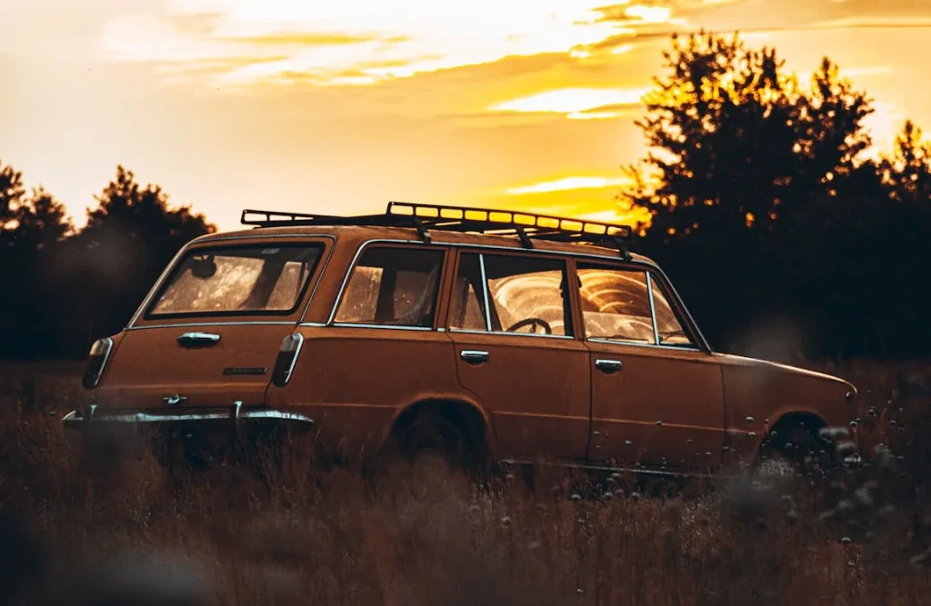 Parked classic wagon on grass
