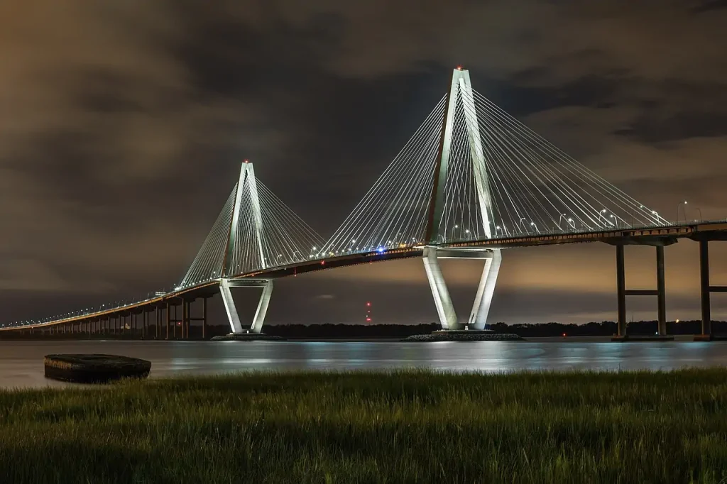 Arthur Ravenel Jr. Bridge at night from Mount Pleasant