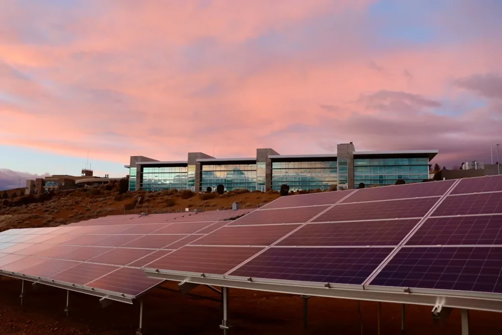 Solar panels on a field under white clouds in Reno, Nevada