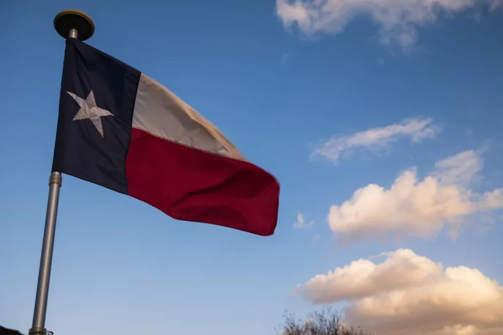 Texas flag waving against a blue sky