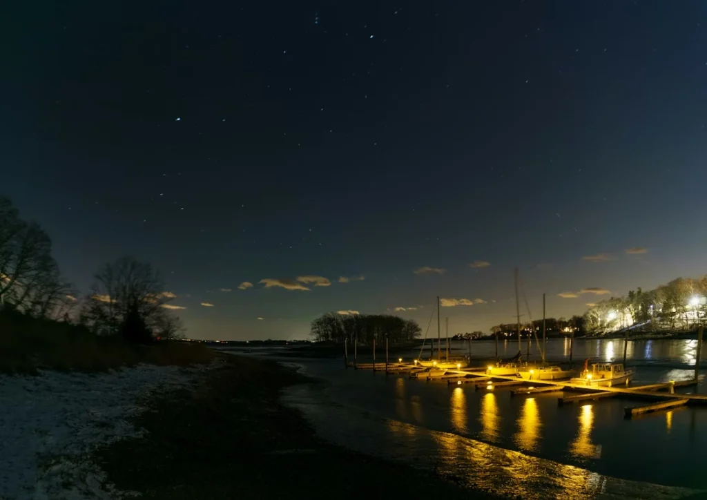 Waterfront lights reflecting on the harbor in Norwalk, Connecticut
