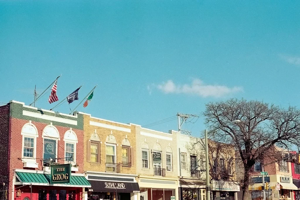 A Row of Buildings on a City Street in Bryn Mawr