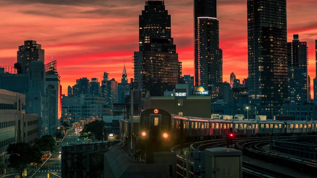 City skyline at night in Long Island City, Queens, New York